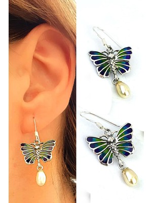 Ose Shop Inci Detaylı Kelebek Figürlü Mineli Vitray Işçiliği 925AYAR Gümüş Küpe