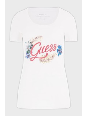 Guess Embellish Pamuklu Nakışlı Logolu Slim Fit Bisiklet Yaka T Shirt Bayan T Shirt W3GI40J1314 G011