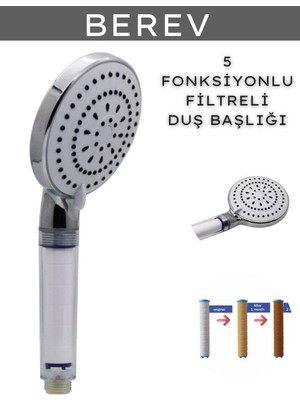 Berev 5 Fonksiyonlu Filtreli Duş Başlığı,filtreli Banyo Duş Başlığı, 150 cm Duş Hortumu