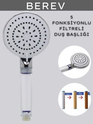 Berev 5 Fonksiyonlu Filtreli Duş Başlığı,filtreli Banyo Duş Başlığı, 150 cm Duş Hortumu