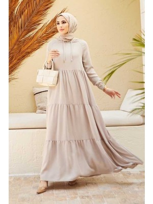 Neways 6531-KREP Kapşonlu Reglan Kollu Elbise Taş