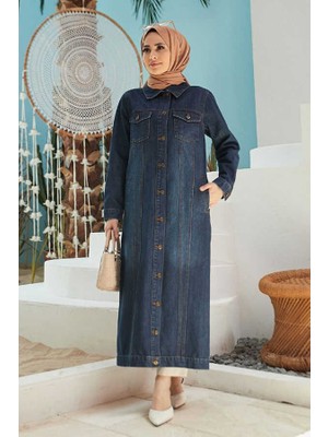 Neways Uzun Kot Ceket Koyu Mavi Kadın Denim Kumaş Özellikleri ile Şık Tasarım