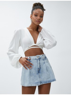 Kot Şort Etek Mini Cep Detaylı Pamuklu Piliseli