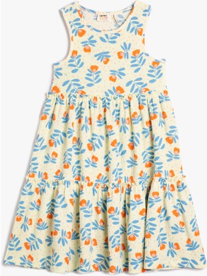 Koton Elbise Midi Boy Kolsuz Bisiklet Yaka Çiçekli Katlı