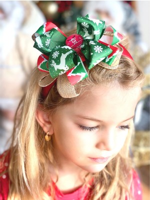 Queen Aksesuar Yılbaşı Özel Christmas Cam Broşlu Geyikli Çam Ağaçlı Hasır Lüks Fiyonk Saten Taç Yetişkin Çocuk Tacı