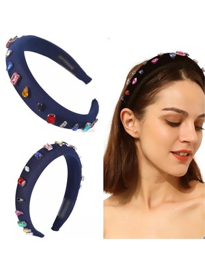 Queen Aksesuar Kristal Renkli Taş Işlemeli Bombeli Süngerli Lacivert Parlak Taç