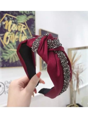 Queen Aksesuar Yeni Trend Moda Kristal Taşlı Şeritli Vişne Bordo Kırmızı Saten Taç