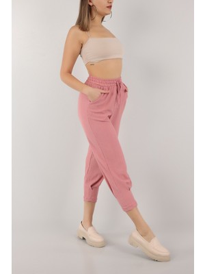Kasheha Gül Kurusu Paçası Büzgülü Beli Lastikli Bağcıklı Krinkıl Bürümcük Seul Kumaş Pantolon - KSH00291