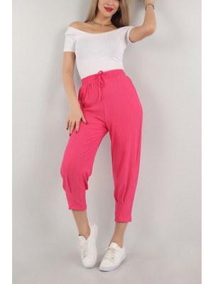 Kasheha Fuşya Paçası Büzgülü Beli Lastikli Bağcıklı Krinkıl Bürümcük Seul Kumaş Pantolon - KSH00291
