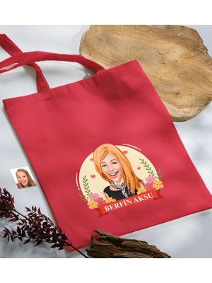 Bk Gift Kişiye Özel Anneler Günü Karikatürlü Kırmızı Kumaş Bez Çanta, Baskılı Omuz Çantası, Alışveriş Çantası, Anneye Hediye-5