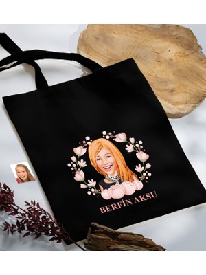 Bk Gift Kişiye Özel Anneler Günü Karikatürlü Siyah Kumaş Bez Çanta, Baskılı Omuz Çantası, Alışveriş Çantası, Anneye Hediye-3