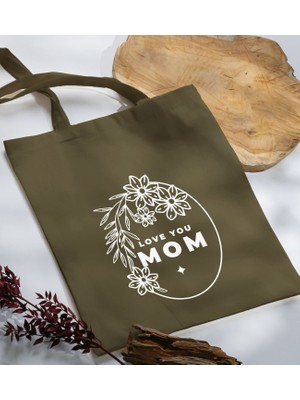 Bk Gift Anneler Günü Tasarımlı Haki Kumaş Bez Çanta, Baskılı Omuz Çantası, Alışveriş Çantası, Anneler Günü Hediyesi, Anneye Hediye-4