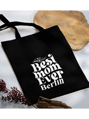 Bk Gift Kişiye Özel Isimli Anneler Günü Tasarımlı Siyah Kumaş Bez Çanta, Baskılı Omuz Çantası, Alışveriş Çantası, Anneler Günü Hediyesi, Anneye Hediye-1