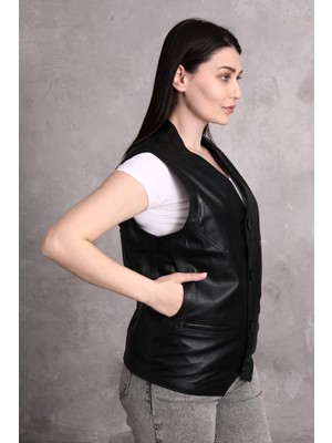 Hakiki Kuzu Derisi Bayan Yelek Yanlardan Cepli