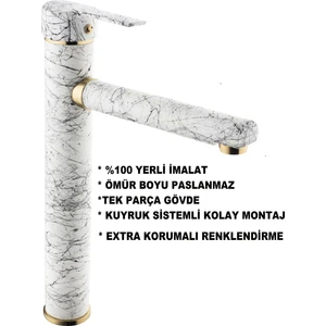 Class Armatür Çanak Beyaz Mermer Altın Parçalı Lavabo Bataryası