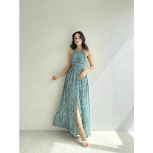 Lisaa Butik Şal Desenli Sırt Dekolteli Elbise