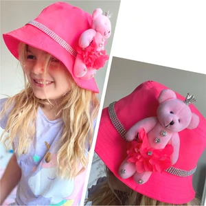 Queen Aksesuar Yeni Sezon Moda Özel Tasarım Neon Pembe Prenses Peluş Ayıcıklı Taşlı Şapka