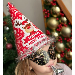 Queen Aksesuar Yılbaşı Yetişkin Çocuk Geyik Desenli Yazılı Süslü Karton Şapka Gözlüğü Dilli Düdük Kotyon Gözlük