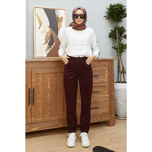 Bordo Yüksek Belli Dar Paça Pantolon Kadın Denim Kumaş Özellikli Şık Tasarım