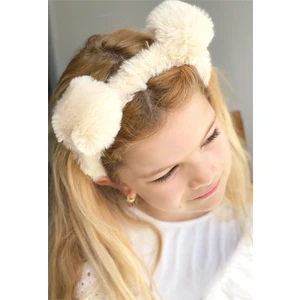 Queen Aksesuar Peluş Pofuduk Tüylü Pon Pon Çocuk Tacı Ponpon Taç Krem