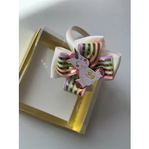 Queen Aksesuar Kırık Beyaz Krem Rengi Saten Taçlı Gold Altın Şeritli Fiyonk Kurdeleli Parlak Pullu Simli Unicorn Anne Bebek ve Kız Çocuk Saç Tacı Saç Toka