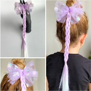 Queen Aksesuar Hologram Puantiyeli Tül Fiyonk Pastel Lila Mor Beyaz Balyajlı Rapunzel Örgü Saç Postiş Toka