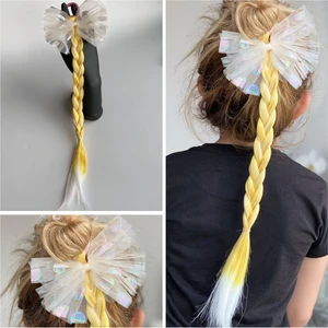 Queen Aksesuar Hologram Puantiyeli Tül Fiyonk Pastel Sarı Beyaz Balyajlı Rapunzel Örgü Saç Postiş Toka