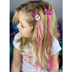 Queen Aksesuar Trend Moda Pembe Örgü Minnie ve Fiyonk Çocuk Takma Saç Postiş Toka 2li Simli Pullu