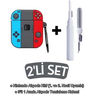 Airpods 1. ve 2. Nesil Uyumlu Nintendo Switch Kılıf ve Beyaz 3'ü 1 Arada Airpods Temizleme Kalemi Seti
