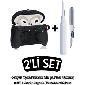 Airpods 3. Nesil Uyumlu Siyah Oyun Konsolu Kılıf ve Beyaz 3'ü 1 Arada Airpods Temizleme Kalemi Seti
