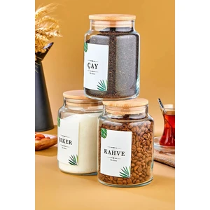 Fbz Home 3'lü Ahşap Kapaklı Çay & Şeker & Kahve Kavanozu 800 ml Vakumlu Saklama Kabı