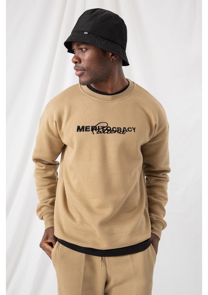 Erkek Meritocracy Oversize Bej Sweatshirt