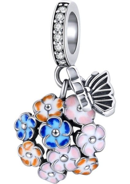 Menekşe Buketi ve Kelebek Charm | 925 Ayar Gümüş