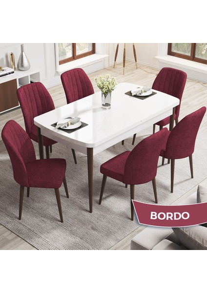 Concept Rio Serisi 80X132 Mdf Açılabilir Beyaz Masa Ceviz Ayak Mutfak Masası Takımı 6 Adet Sandalye