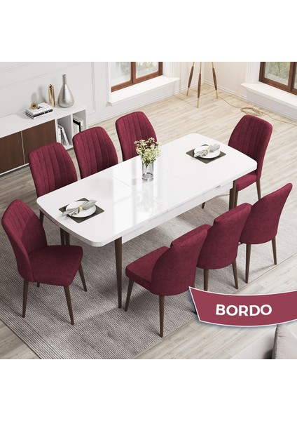 Concept Rio Serisi 80X132 Mdf Açılabilir Beyaz Masa Ceviz Ayak Mutfak Masası Takımı 6 Adet Sandalye