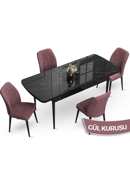 Concept Teo Serisi 80X132 Açılabilir Siyah Mermer Desen Yemek Masası 4 Sandalye Takımı fiyatları