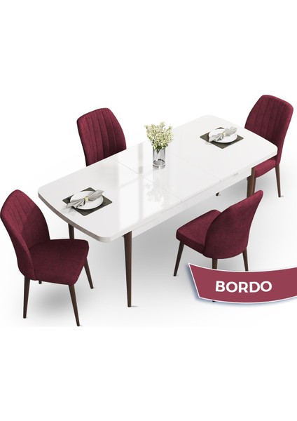 Concept Teo Serisi 80X132 Açılabilir Beyaz Masa Ceviz Gürgen Ayak Mutfak Masası Takımı 4 Sandalye