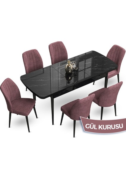 Concept Teo Serisi 80X132 Açılabilir Siyah Mermer Desen Yemek Masası 6 Sandalye Takımı