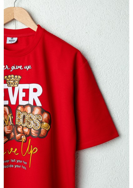 Erkek Never Give Up Oversize Baskılı Pamuklu Bisiklet Yaka Kısa Kollu T-Shirt modelleri