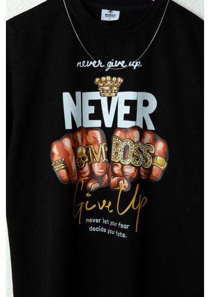 Erkek Never Give Up Oversize Baskılı Pamuklu Bisiklet Yaka Kısa Kollu T-Shirt fiyatları