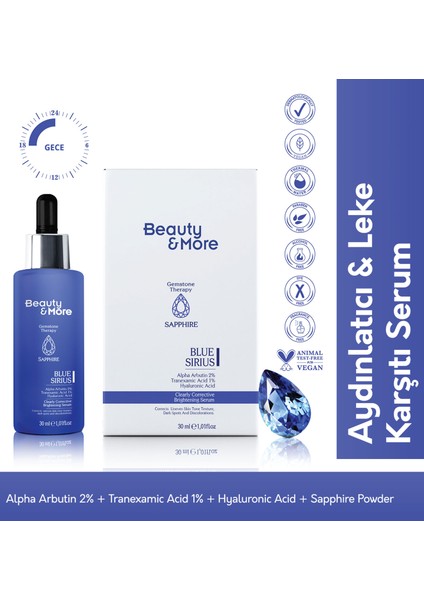 Safir Blue Sirius Aydınlatıcı & Leke Karşıtı Serum 30 ml Alpha Arbutin 2% + Tranexamic Acid 1% + Hyaluronic Acid + Safir Powder