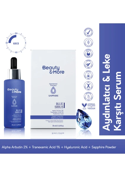 Safir Blue Sirius Aydınlatıcı & Leke Karşıtı Serum 30 ml
 Alpha Arbutin 2% + Tranexamic Acid 1% + Hyaluronic Acid + Safir Powder