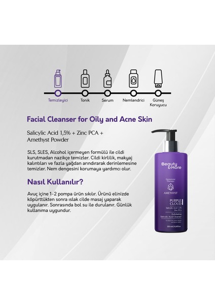 Ametist Purple Cloud Yağlı ve Akneli Ciltler Için Yüz Yıkama Jeli 250 ml Salicylic Acid 1,5% + Zinc PCA+ Ametist Powder
