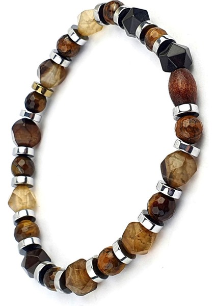 Akik Hematit ve Kaplan Gözü Taşlı Tasarım Doğal Taş Erkek Bileklik