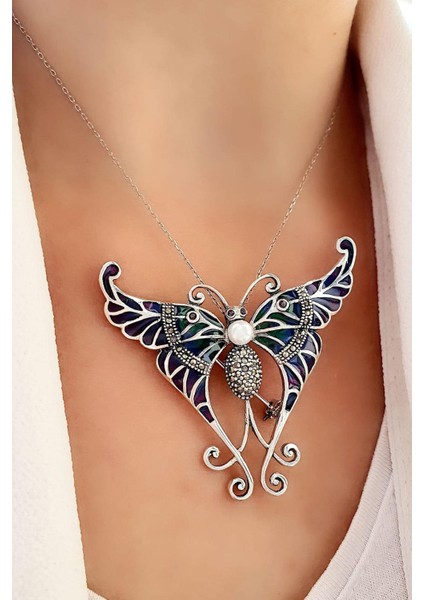 İnci Detaylı Kelebek Figürlü Özel Mineli Vitray İşçiliği 925ayar Gümüş Tasarım Yaka İğnesi Broş ve Kolye