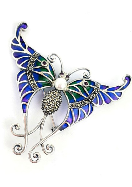 İnci Detaylı Kelebek Figürlü Özel Mineli Vitray İşçiliği 925ayar Gümüş Tasarım Yaka İğnesi Broş ve Kolye fiyatları
