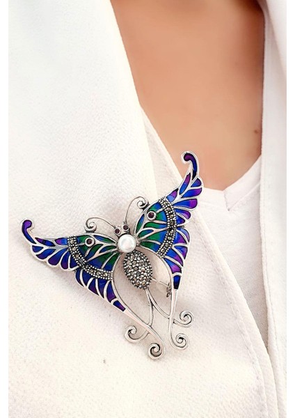 İnci Detaylı Kelebek Figürlü Özel Mineli Vitray İşçiliği 925ayar Gümüş Tasarım Yaka İğnesi Broş ve Kolye modelleri