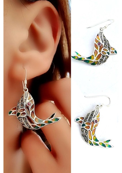 Balina Figürlü Mineli Vitray Işçiliği 925AYAR Gümüş Küpe