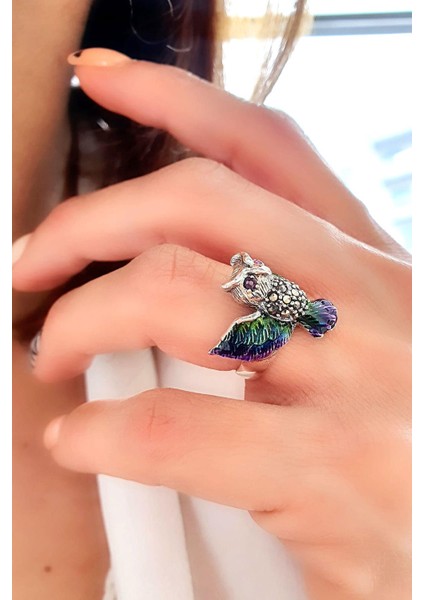 Markazit Taş Detaylı Mineli 925AYAR Gümüş Baykuş Tasarım Yüzük modelleri