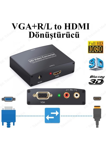 Vga+R/l Audio To HDMI Converter Ses Destekli Vga-Hdmı Çevirici
